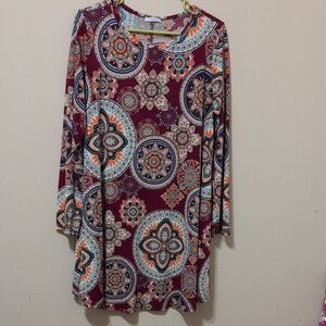 JODIFL Burgundy Tunic Dress with Teal and Orange Medallion Print